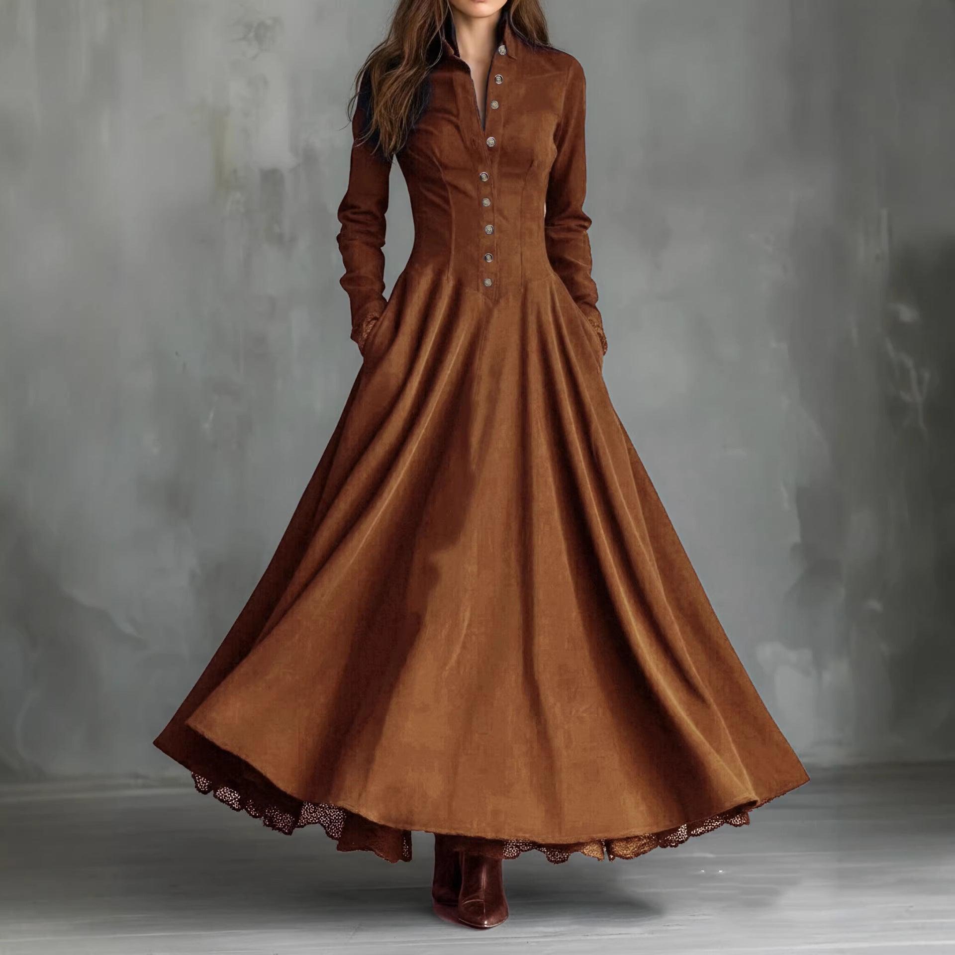 Robe longue marron en velours à boutons, style bohème élégant pour femme