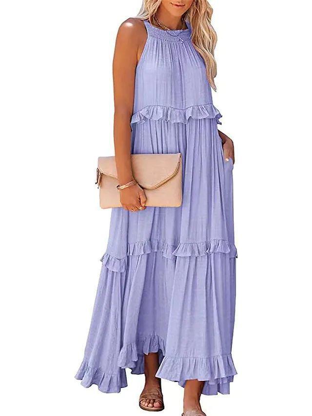 Robe bohème longue violet pâle à volants, idéale pour les occasions féminines et élégantes