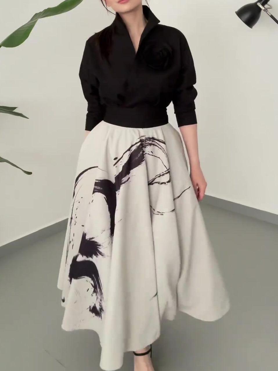 Robe imprimée bohème femme avec jupe ample et haut noir élégant