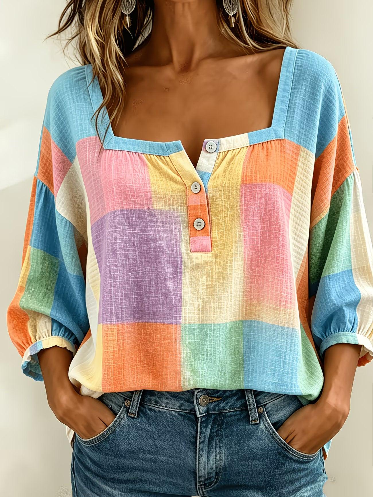 Top féminin à carreaux colorés, manches bouffantes, col boutonné, style bohème chic