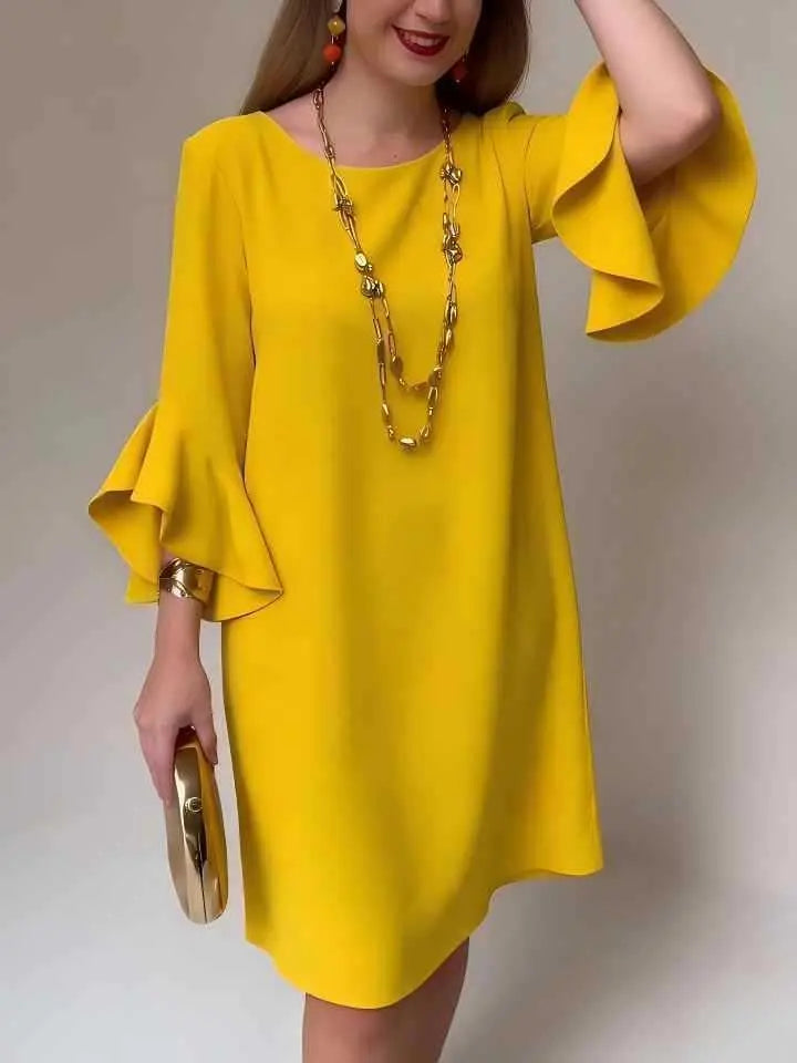 Robe jaune vif à manches volantées, style féminin élégant, col rond, coupe fluide