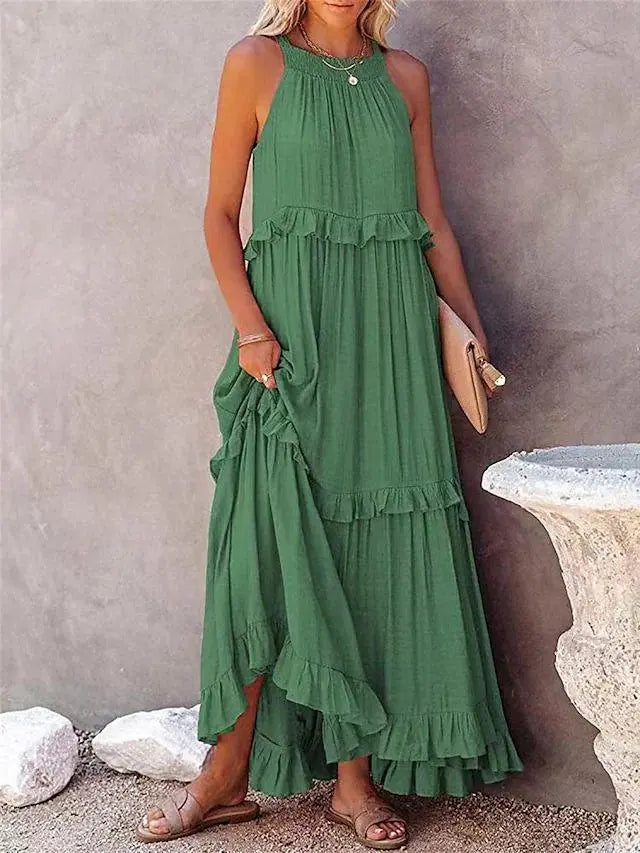 Robe longue verte bohème à volants, idéale pour les occasions estivales et féminines