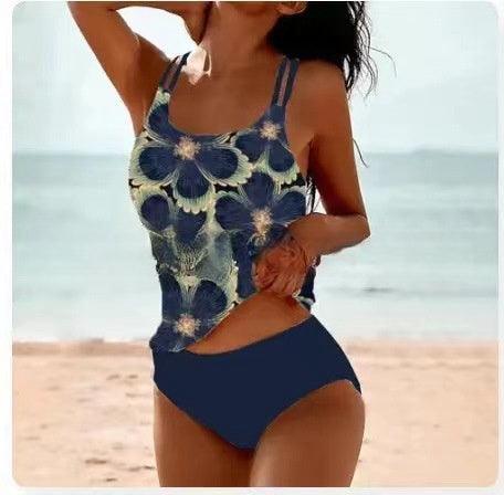 Maillot de bain une pièce floral bleu pour plage, style bohème féminin
