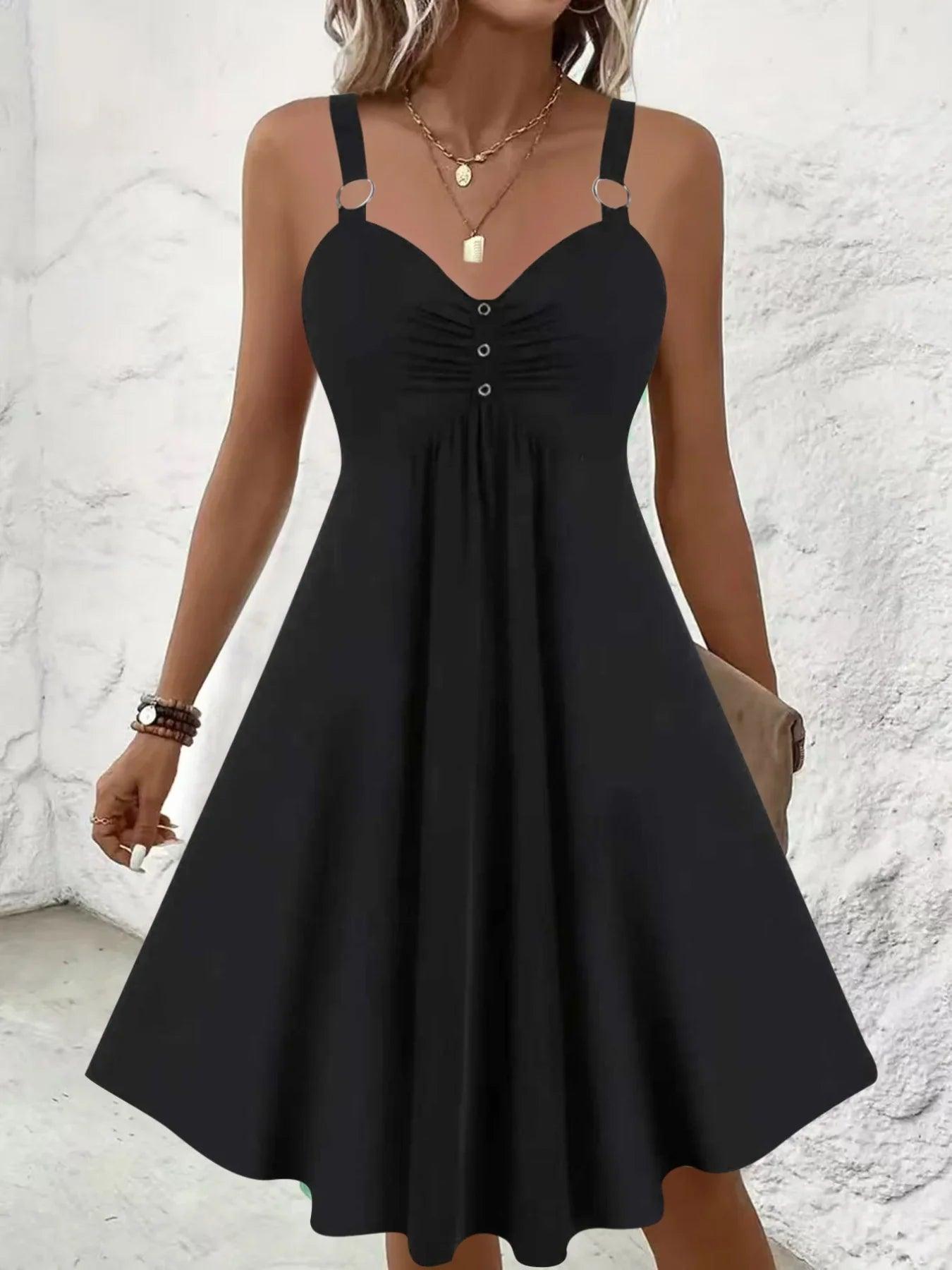 Robe noire élégante à bretelles fines et boutons, style féminin pour toutes occasions