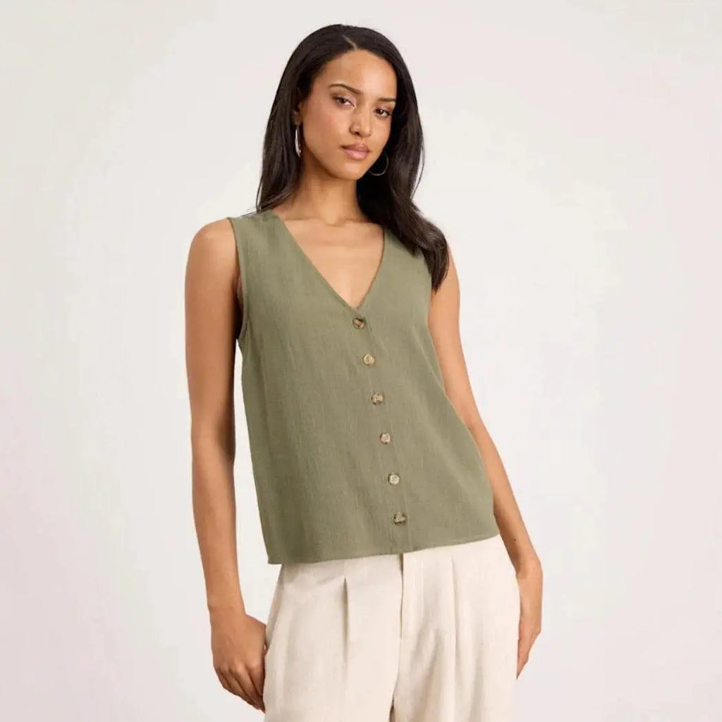 Top vert clair sans manches à boutons, style féminin élégant