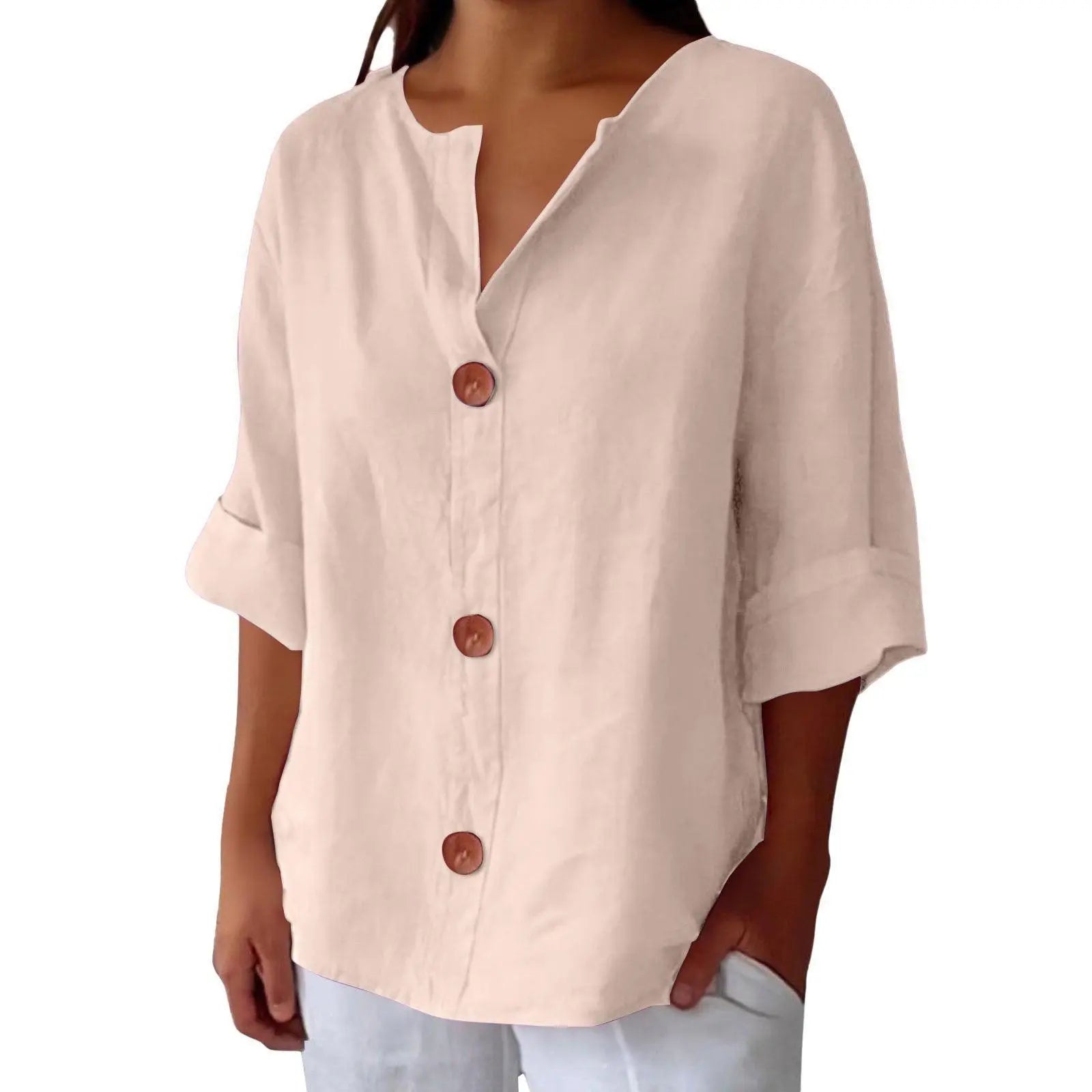 Blouse féminine beige à boutons, manches 3/4, col V, style bohème et décontracté