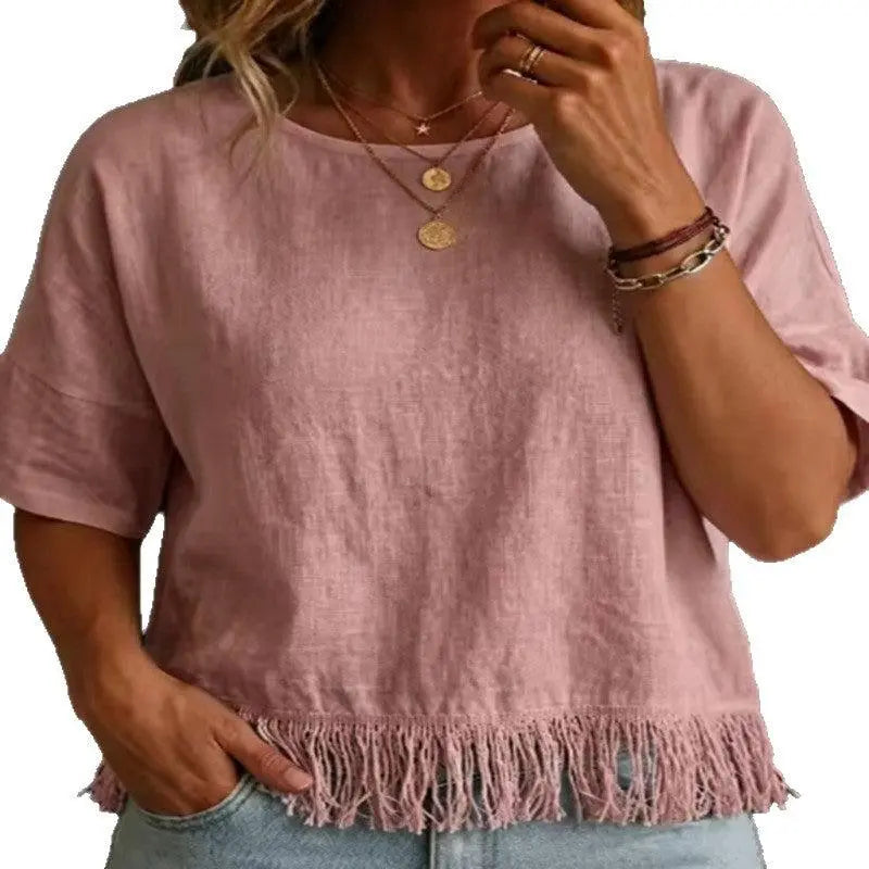 Top féminin rose pâle à franges, manches courtes, style bohème élégant