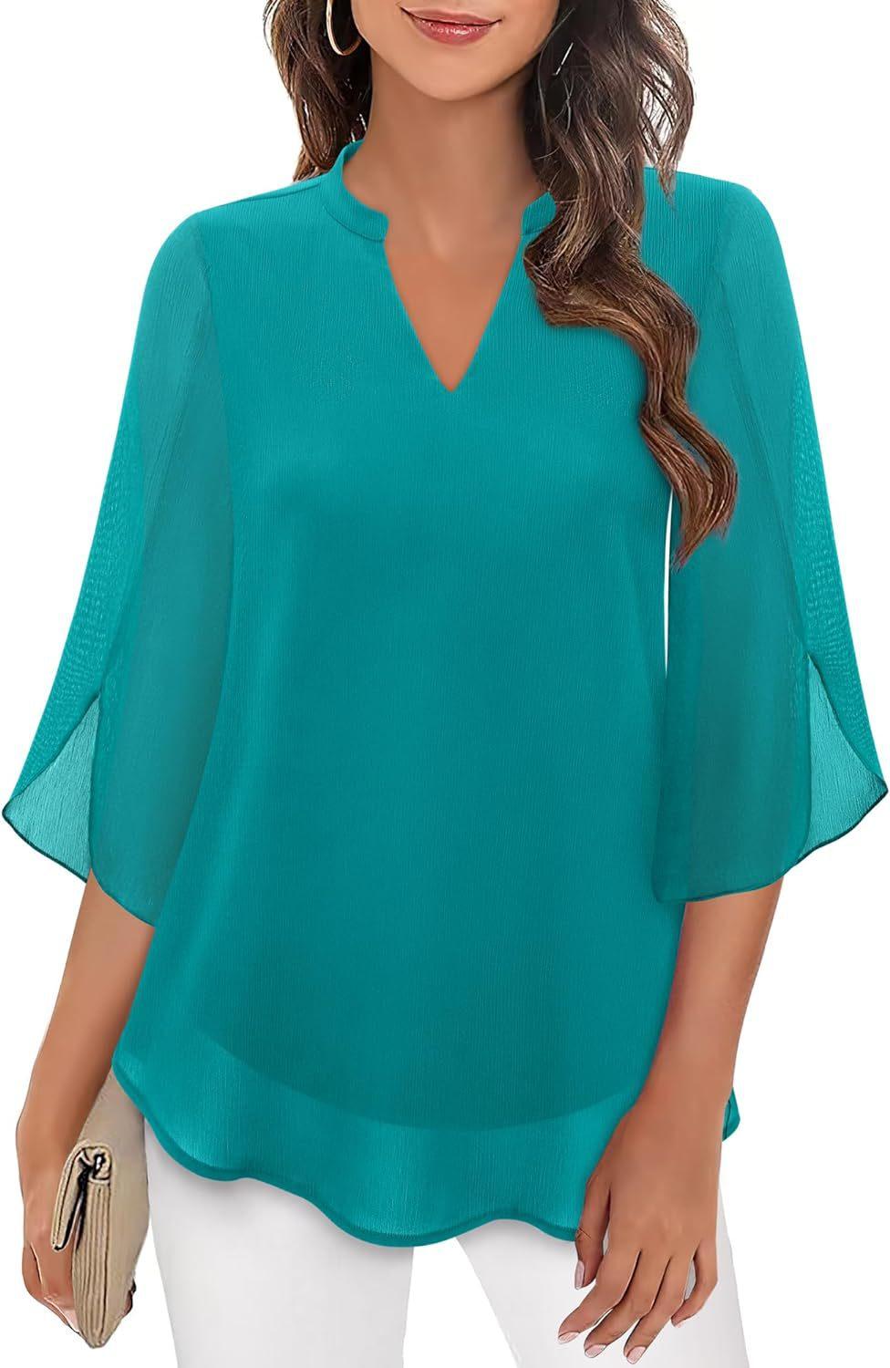 Top féminin turquoise à manches volantes et col en V, style bohème élégant