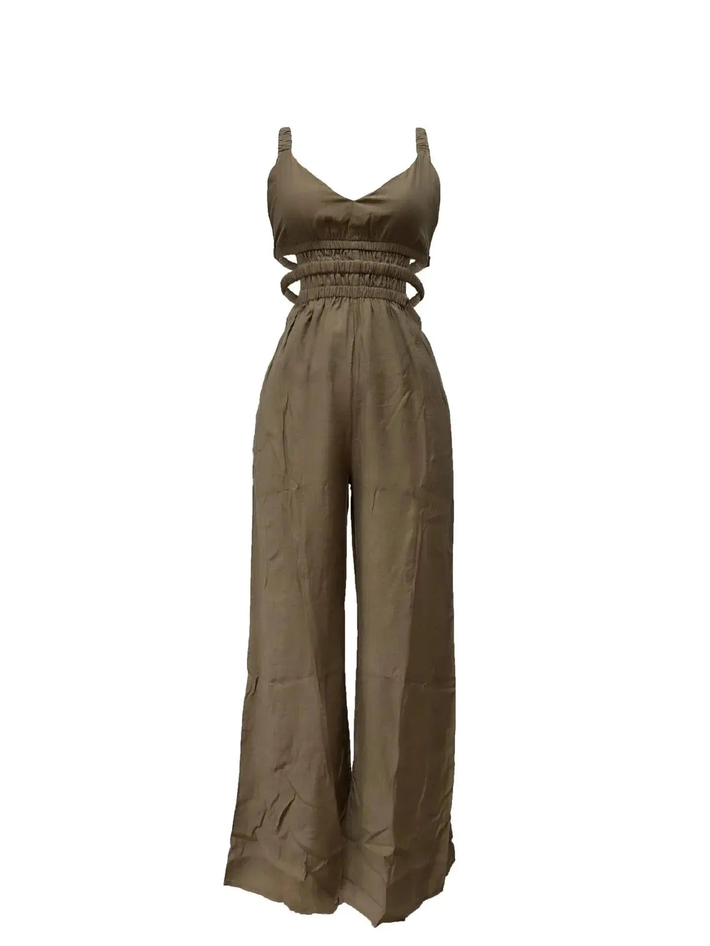 Combinaison féminine verte claire à taille élastiquée et larges jambes, style bohème élégant
