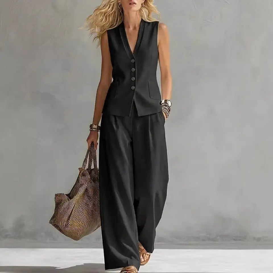 Combinaison pantalon noire élégante, style féminin, manches courtes, taille élastiquée, idéale pour toutes les occasions