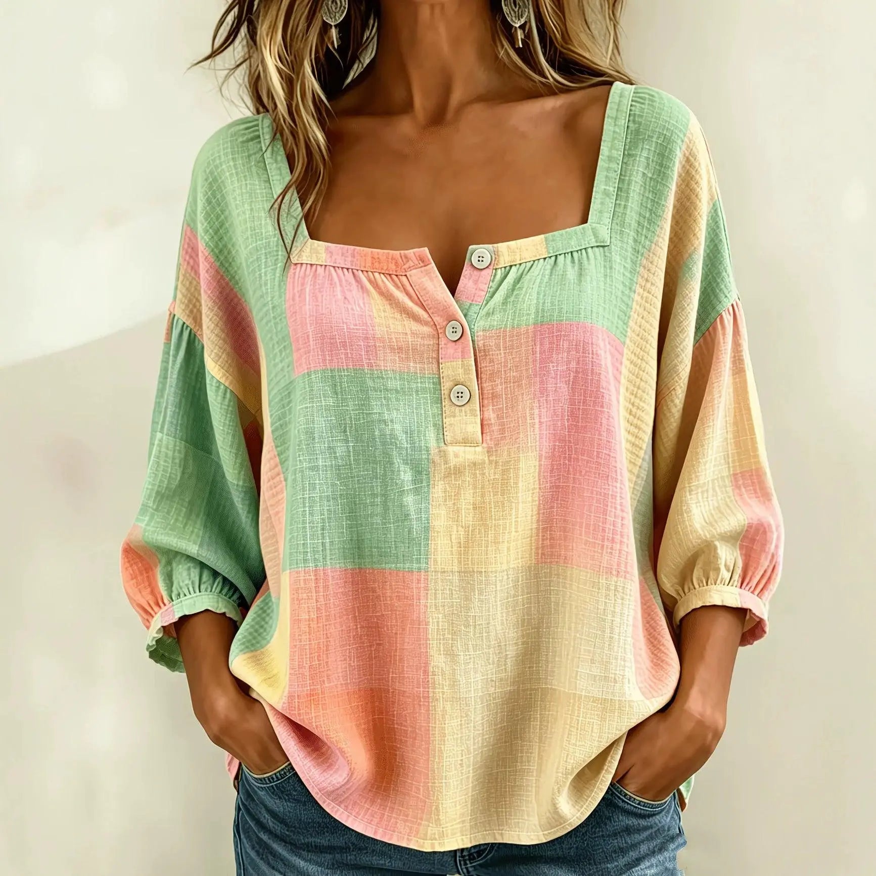 Top bohème à carreaux pastel vert rose beige, manches bouffantes, col boutonné, style féminin élégant