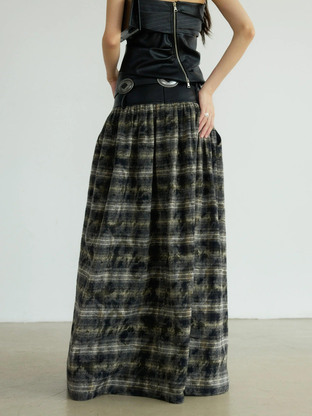 Jupe longue à carreaux vert foncé et noir, style féminin élégant, taille élastiquée, mode femme