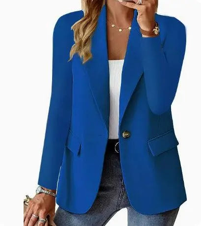Blazer bleu roi femme, style élégant pour tenues décontractées ou bureau, avec bouton doré et poches