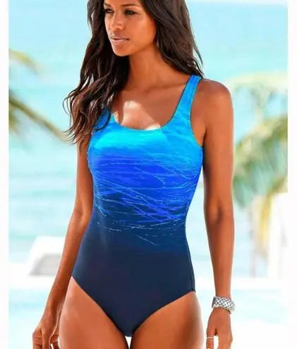Maillot de bain une pièce bleu dégradé pour plage, style féminin et élégant