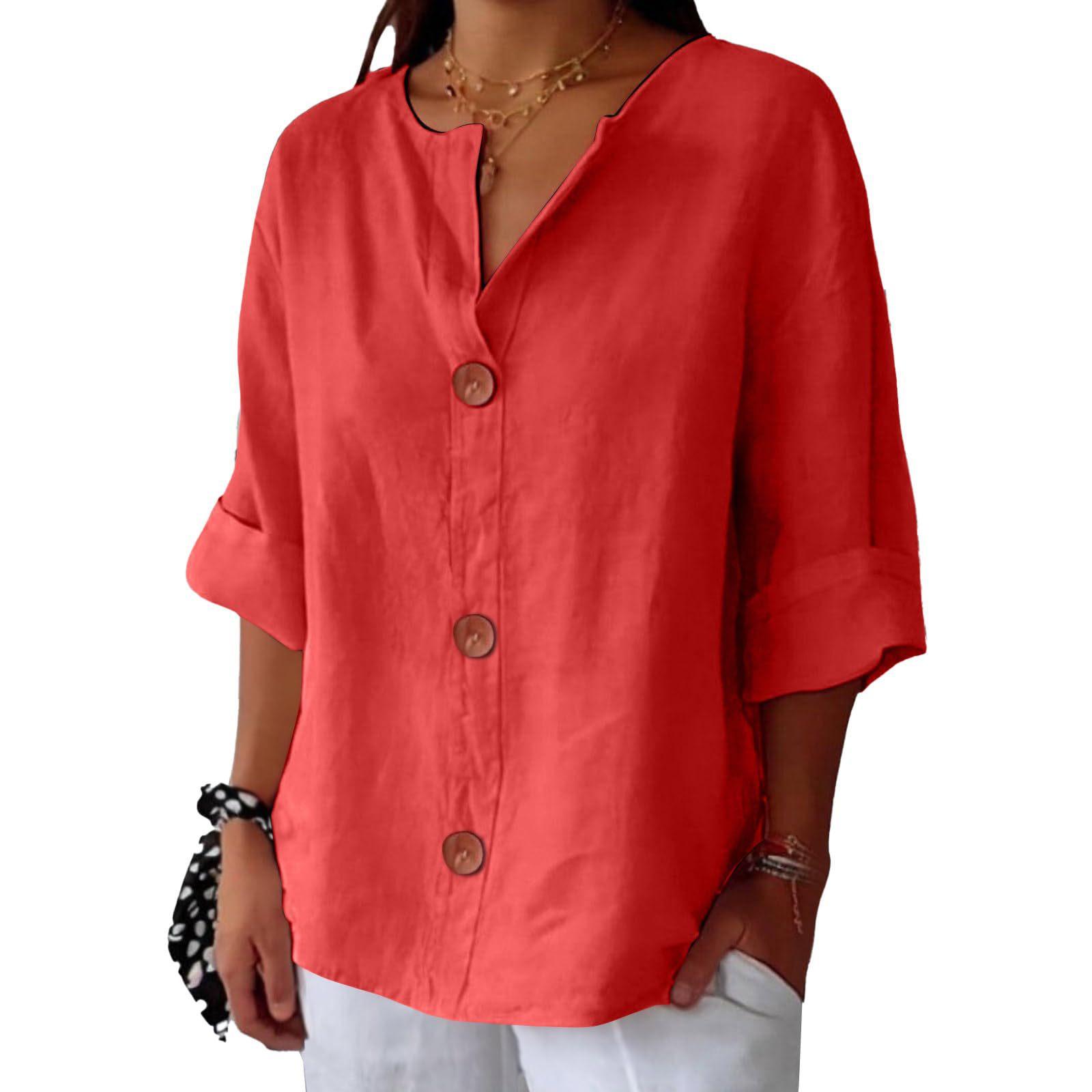 Blouse rouge femme à manches 3/4 et boutons, style bohème chic pour été