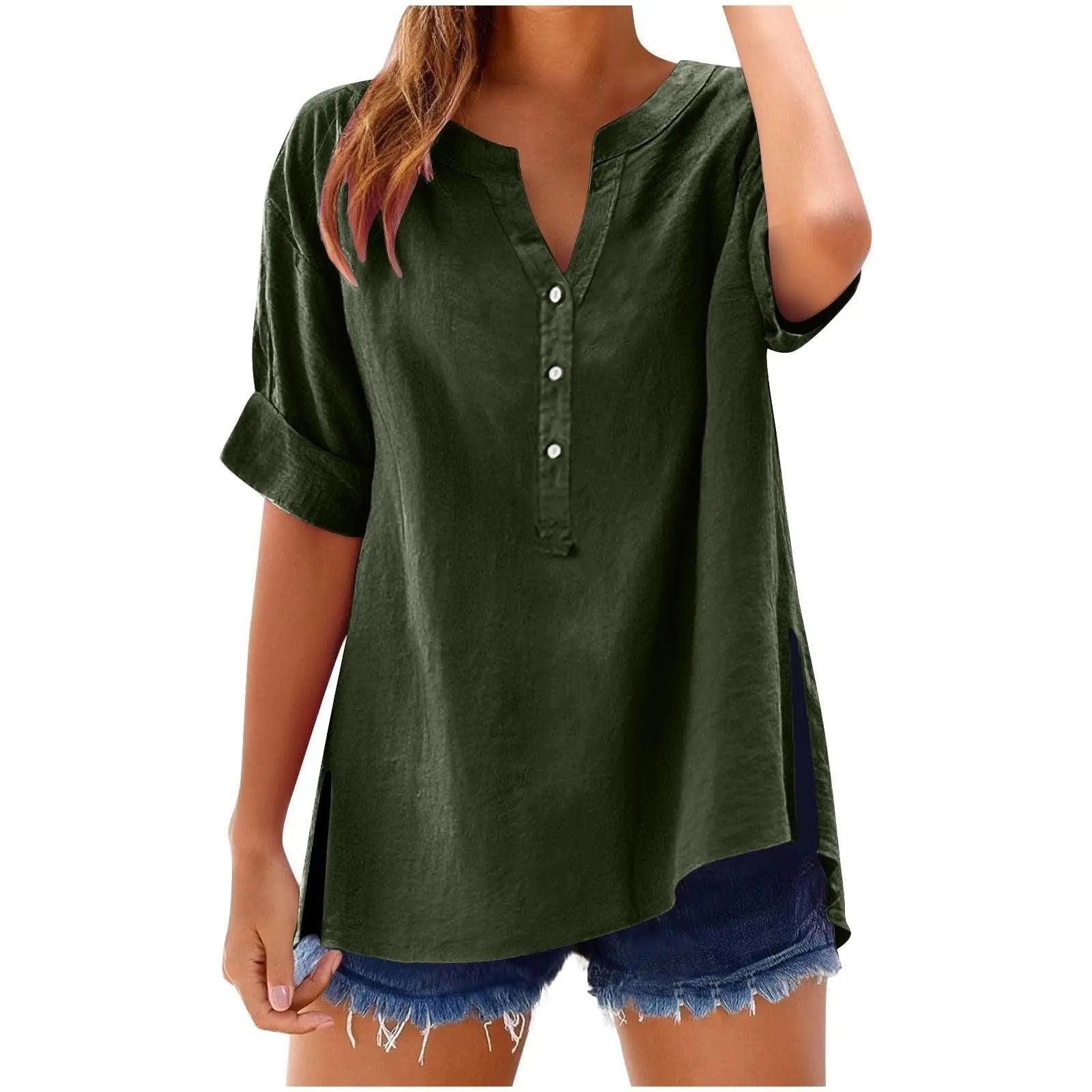 T-shirt vert foncé à manches courtes et boutons, style bohème féminin, idéal pour l'été