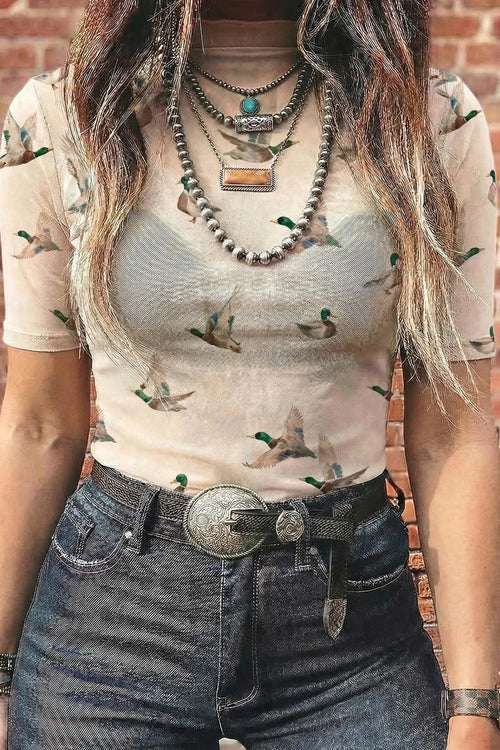 Beige Mallard Sheer Mesh Short Sleeve Top Dear-Lover Dropshipping