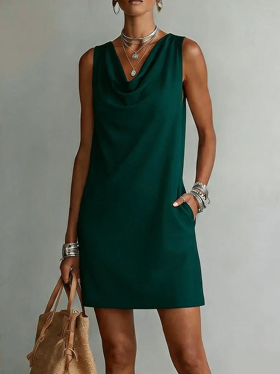 Robe verte sans manches col drapé pour femme, style bohème élégant avec poches et accessoires