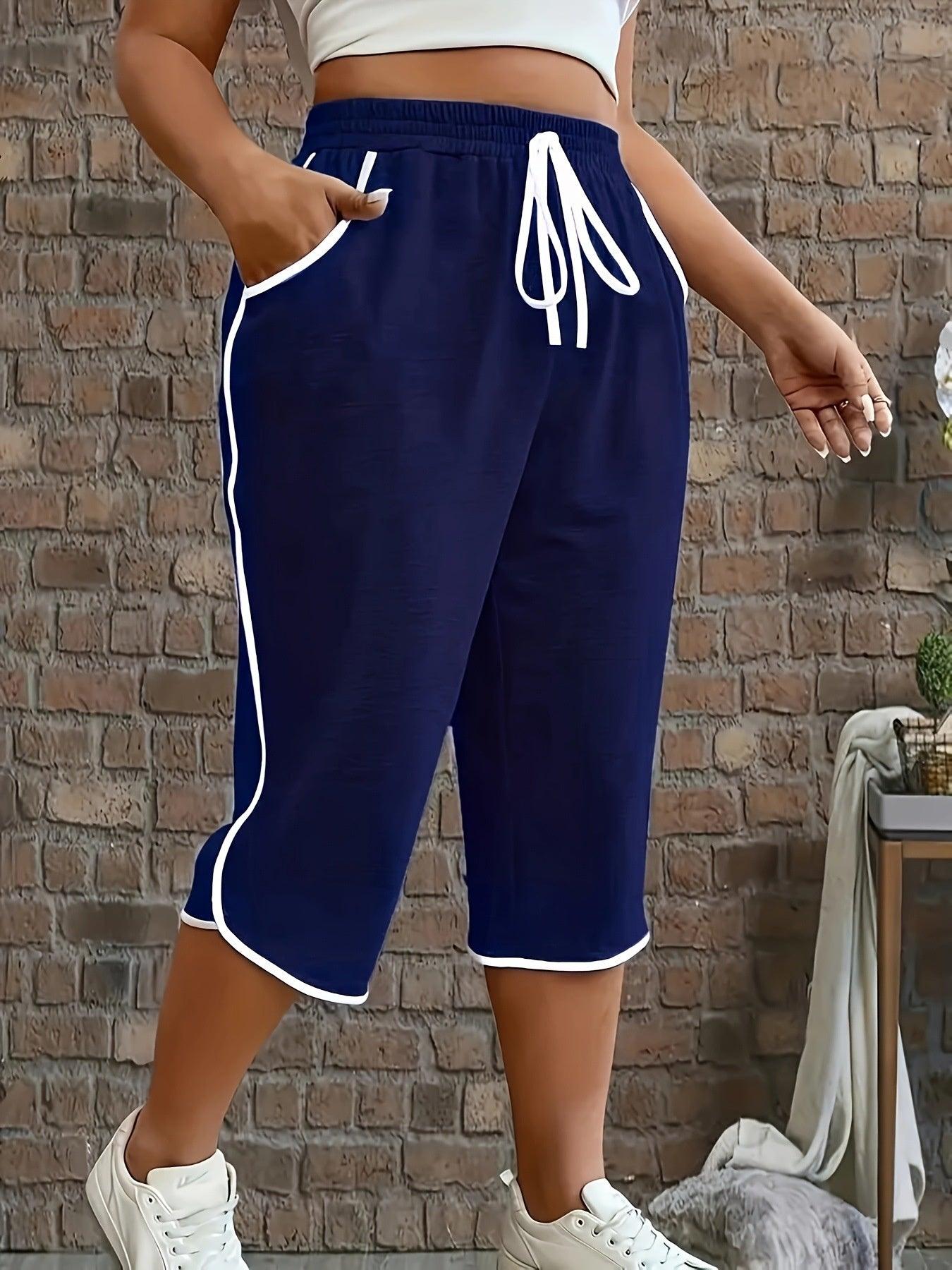 Pantalon capri bleu marine à rayures blanches et cordon de serrage, mode féminine décontractée