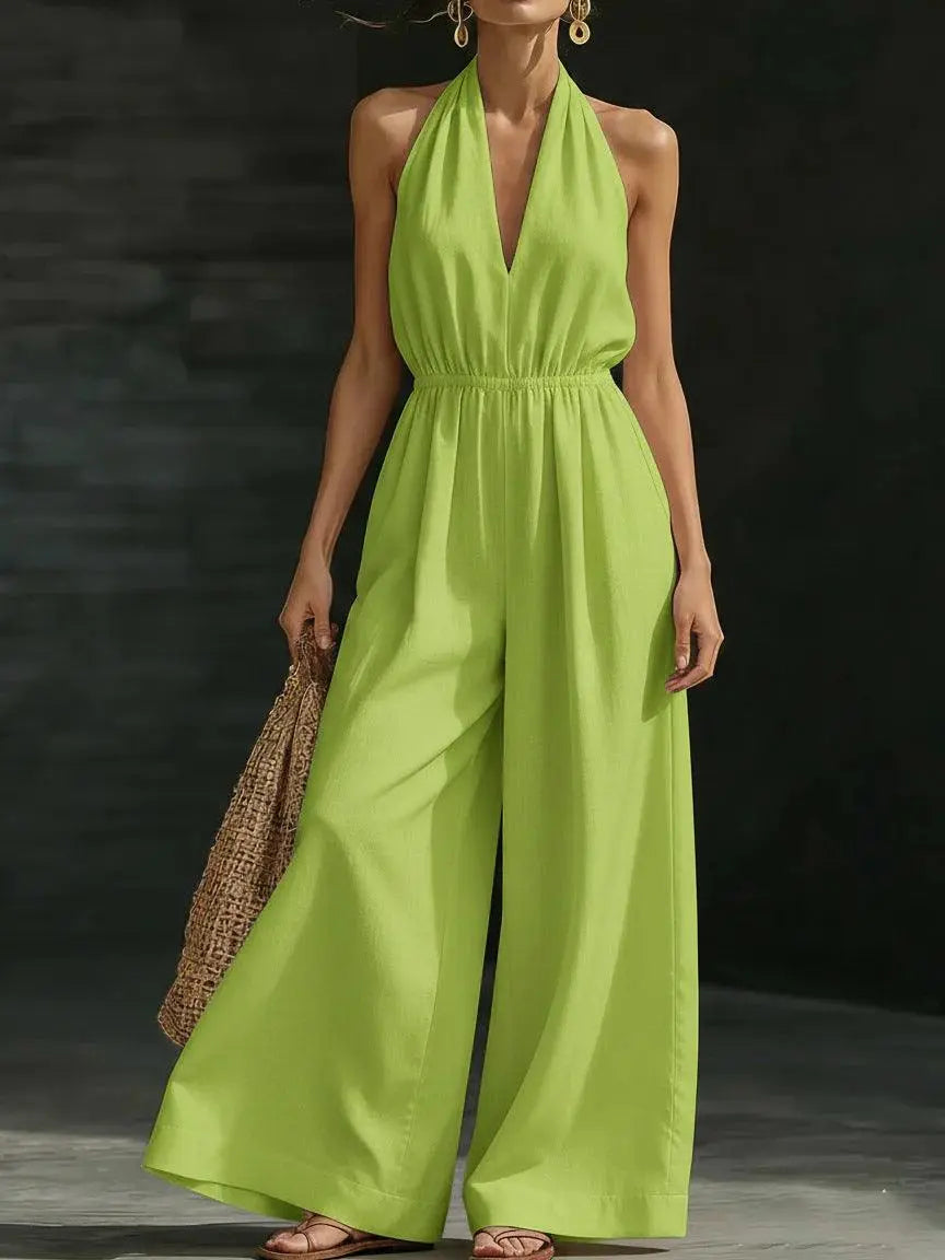 Combinaison verte femme col halter large, style bohème chic pour été