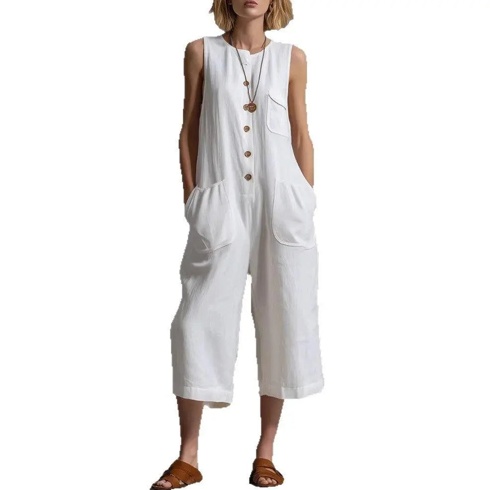 Combinaison blanche bohème sans manches, poches avant, boutons, style été féminin