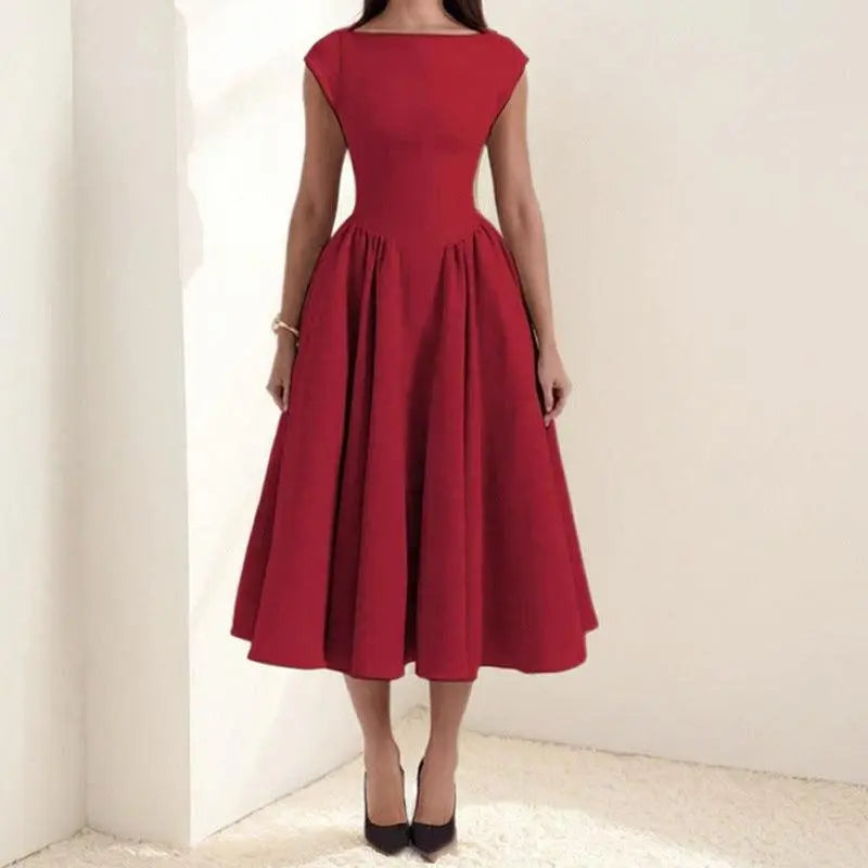 Robe rouge élégante à manches courtes, taille cintrée, style féminin pour toutes occasions