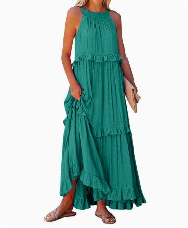 Robe longue verte bohème à volants, idéale pour une mode féminine élégante et décontractée