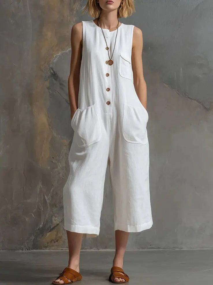 Combinaison blanche femme sans manches, poches avant, style bohème chic