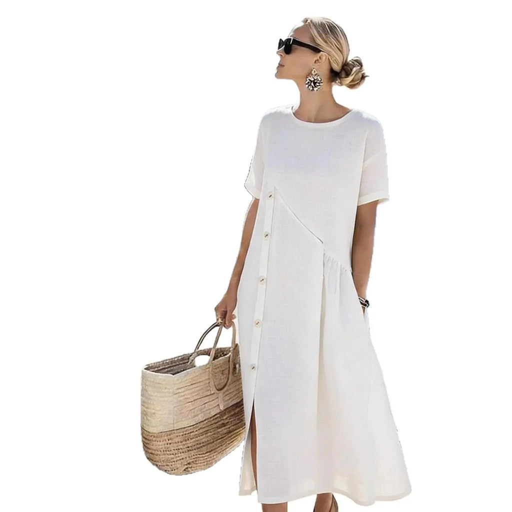Robe blanche à manches courtes, boutonnée, style bohème élégant avec poches et fente latérale