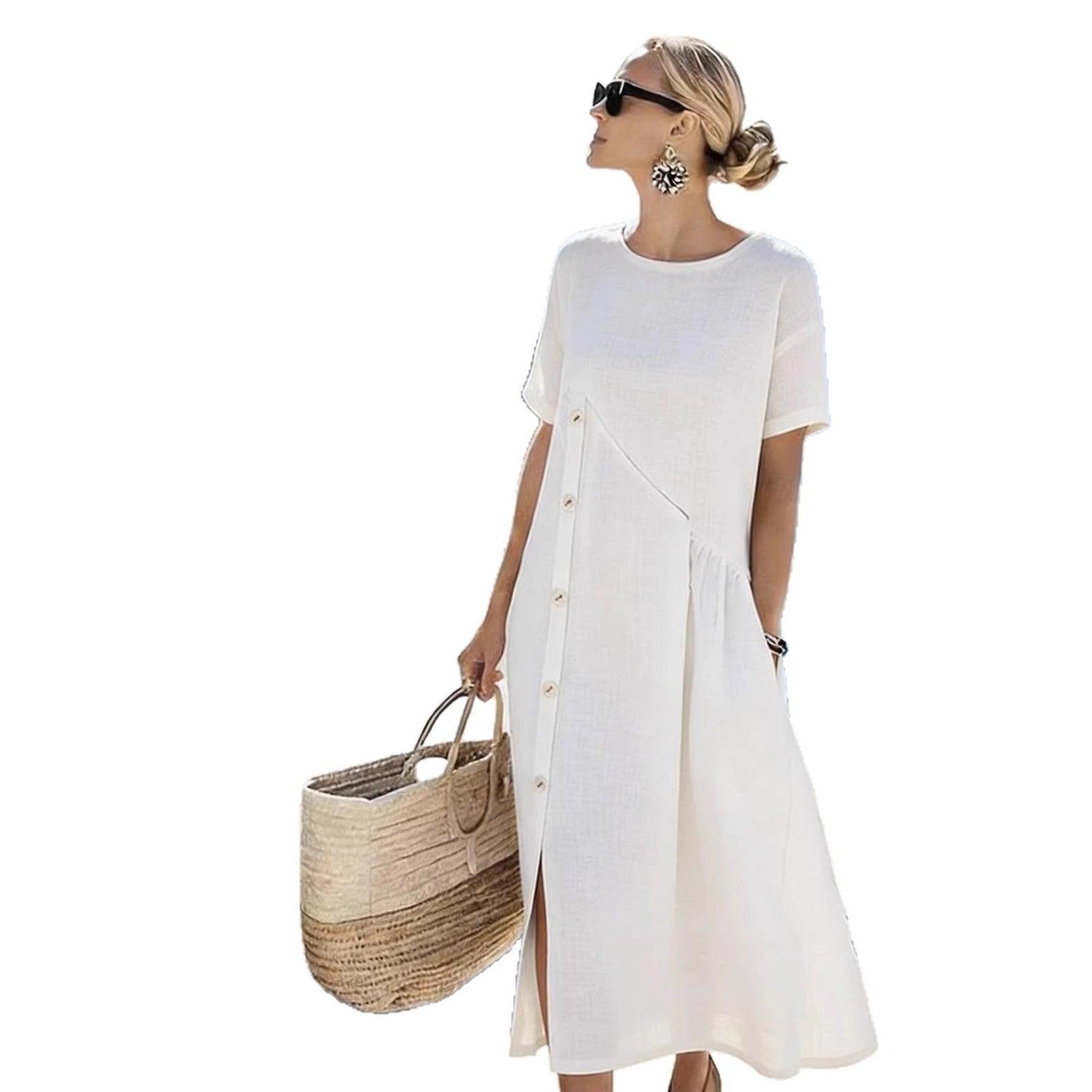 Robe blanche à manches courtes, boutonnée, style bohème élégant avec poches et fente latérale