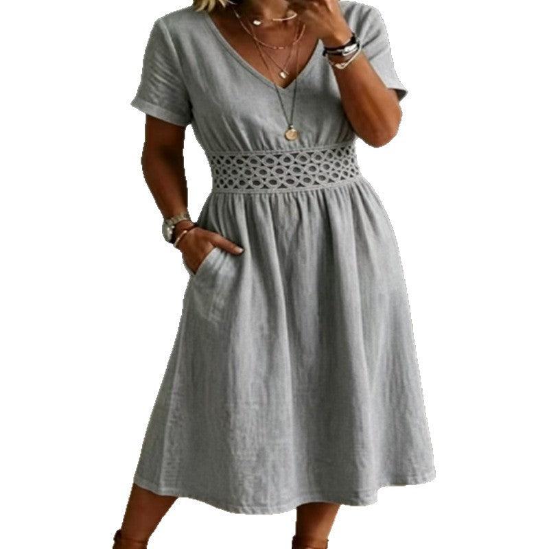 Robe bohème verte claire à broderies florales, manches courtes, taille élastiquée, style féminin élégant