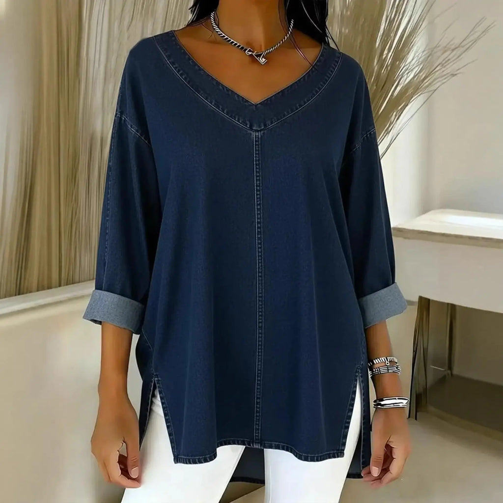 Top en jean bleu foncé à col V et manches 3/4, mode féminine décontractée