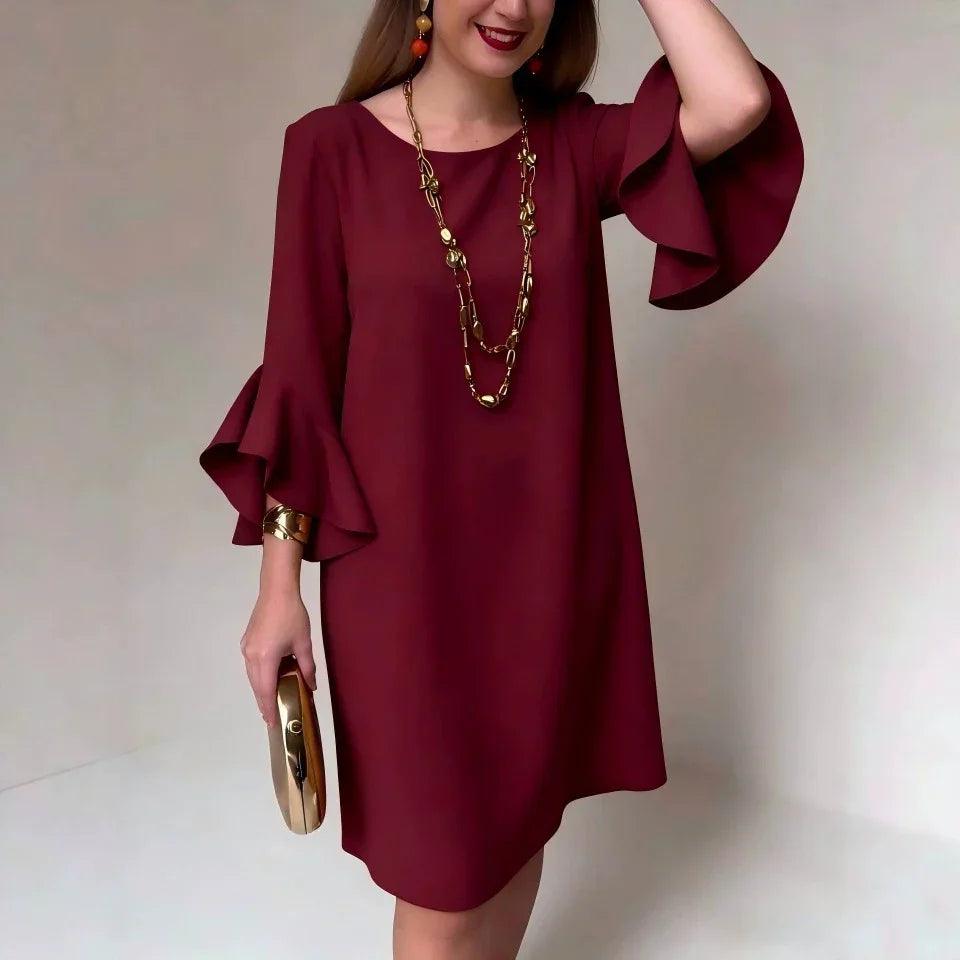 Robe bohème bordeaux à manches volantées, style féminin élégant, col rond, coupe fluide