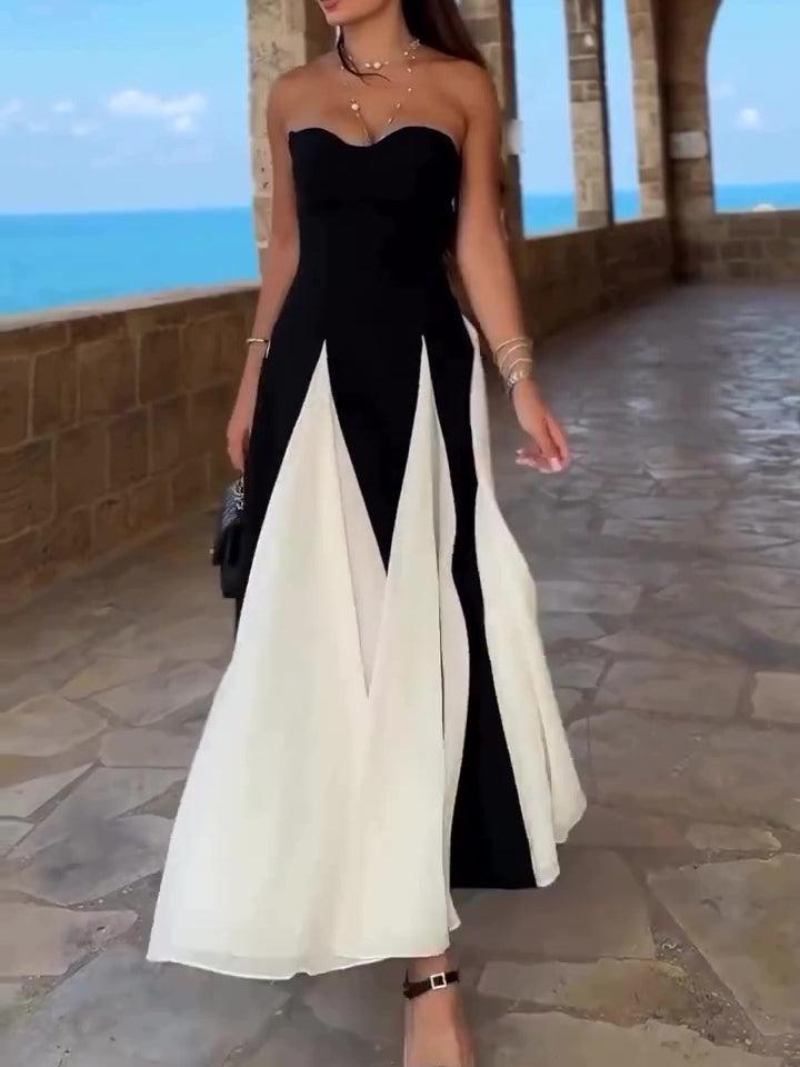 Robe longue noire et blanche sans bretelles, style élégant pour femme, vue mer et terrasse