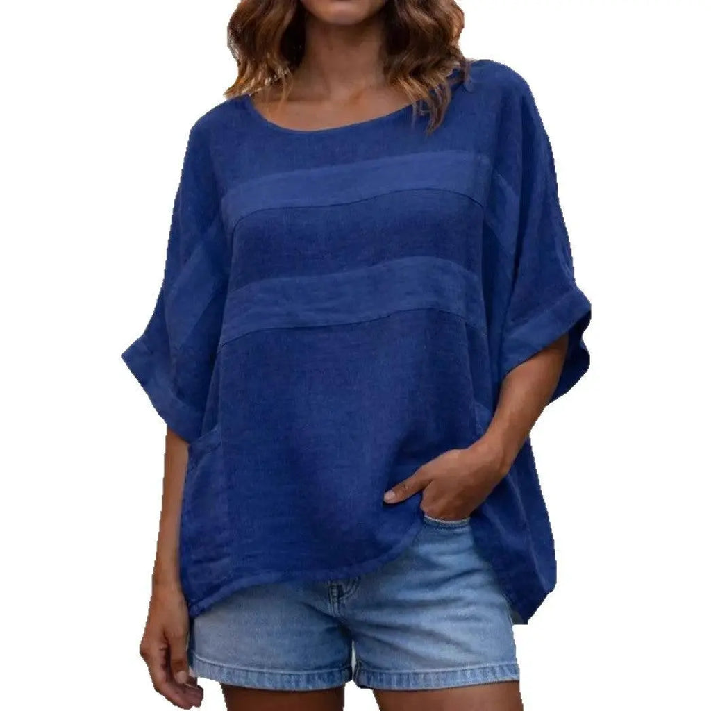 Top féminin bleu marine ample à manches courtes, style bohème, idéal pour l'été