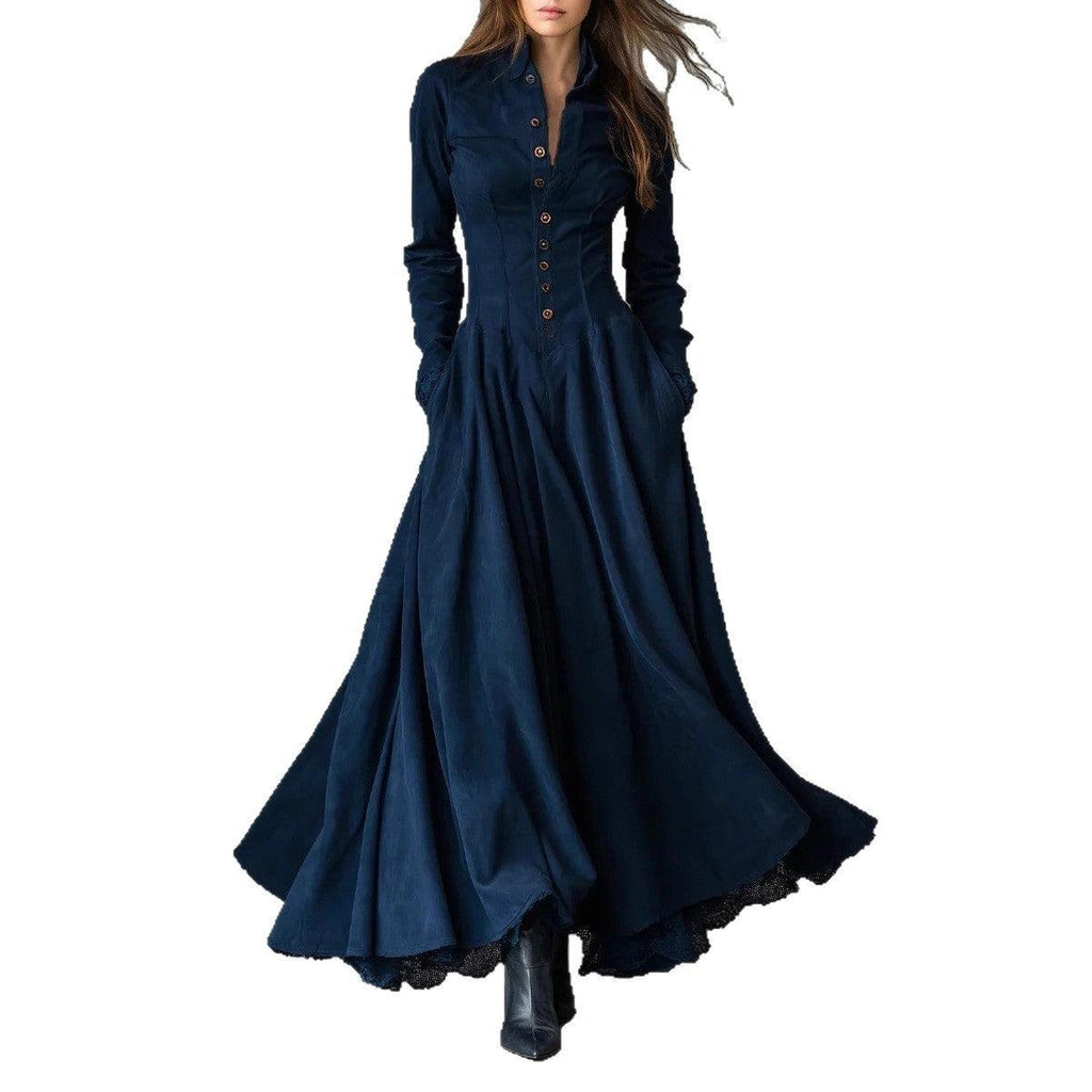 Robe longue bleu marine à boutons, manches longues, style féminin élégant avec dentelle