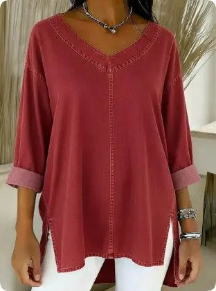 Top féminin rouge vin à manches 3/4, col V, style bohème chic pour tenues décontractées