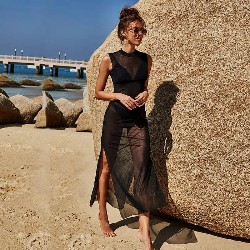 Robe longue noire transparente femme plage, style bohème élégant pour été