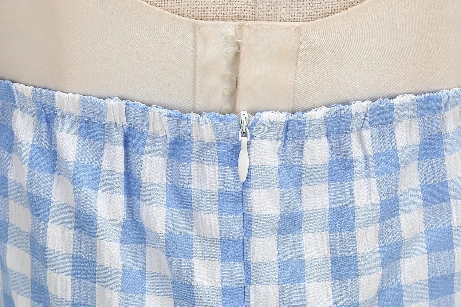 Robe à carreaux bleu clair et blanc, taille élastiquée avec fermeture éclair