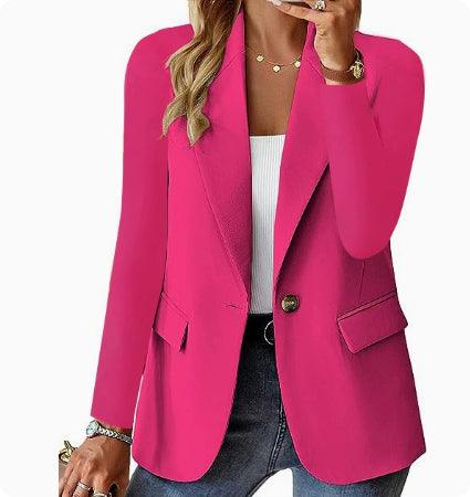 Blazer rose fuchsia femme, style élégant pour tenues décontractées ou bureau, avec top blanc et jeans