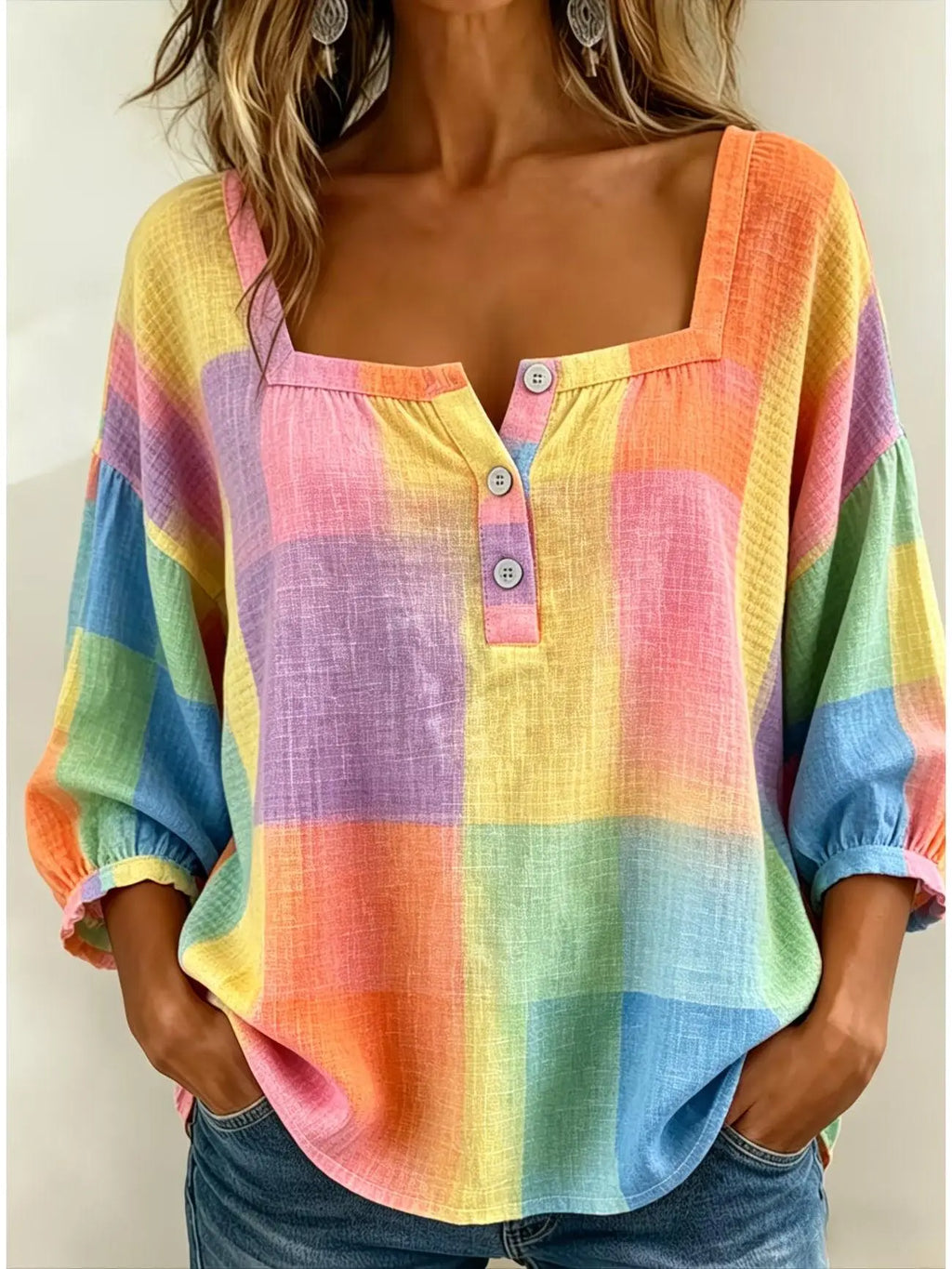 Top féminin à carreaux colorés, manches bouffantes, col boutonné, style bohème chic