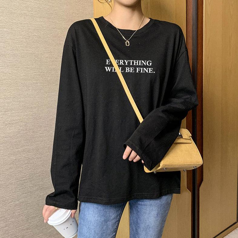 T-shirt noir à manches longues avec inscription 'Everything Will Be Fine', style décontracté féminin
