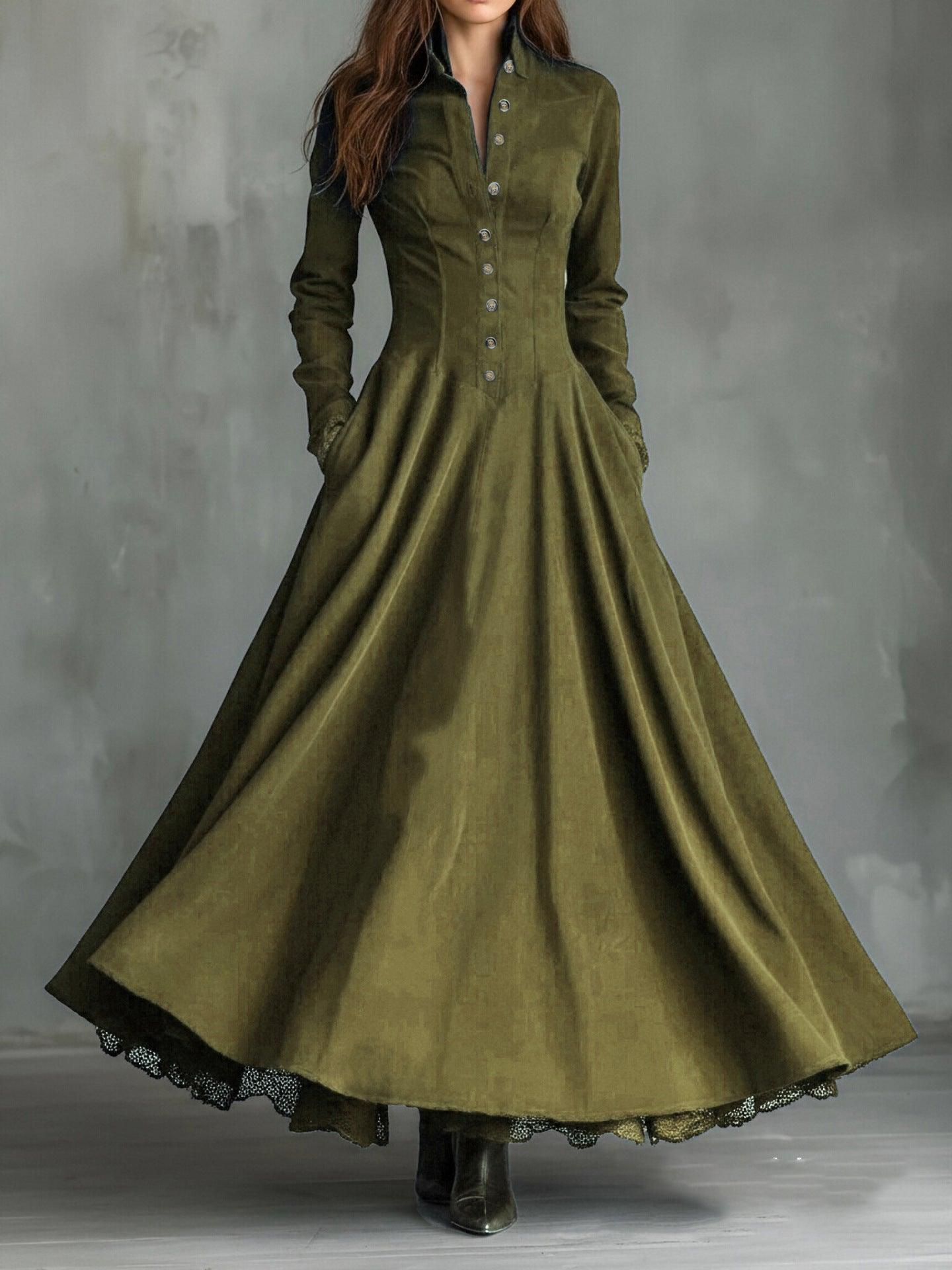 Robe longue verte en velours à boutons, style bohème élégant pour femme