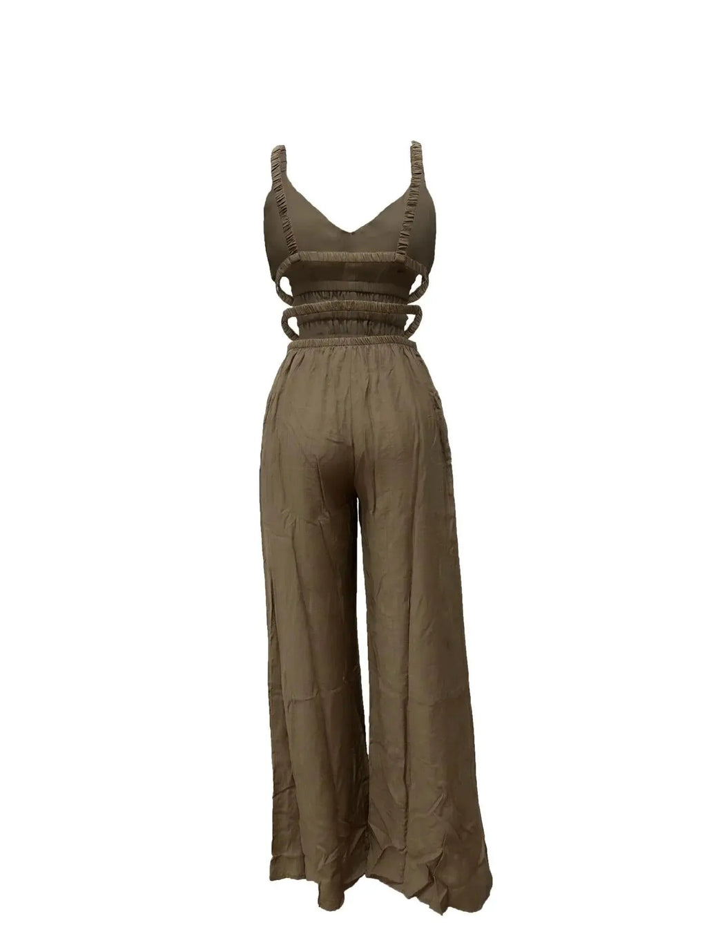 Combinaison féminine verte claire à bretelles fines et taille élastiquée, style bohème élégant