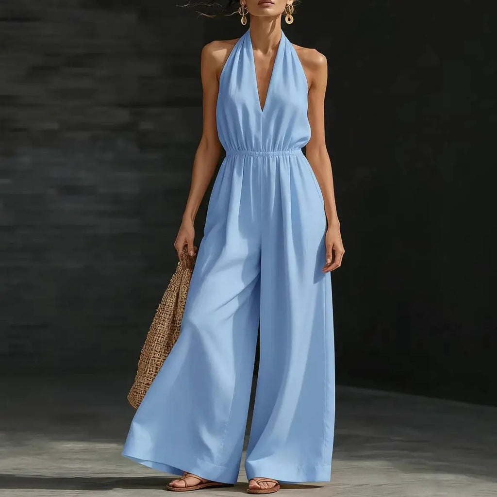Combinaison bleue femme col halter et larges jambes, style élégant et bohème