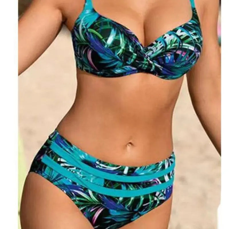 Maillot de bain deux pièces imprimé feuilles tropicales, style bohème pour plage