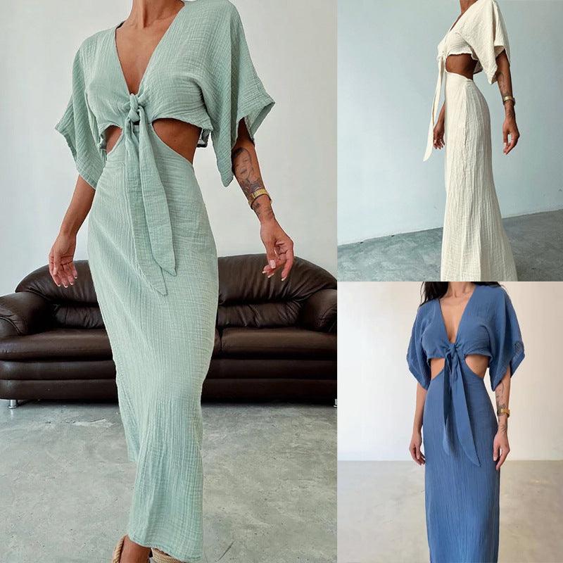 Robes féminines longues à nouer, coupe bohème et détails découpés, styles vert menthe, blanc et bleu