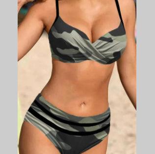 Maillot de bain bikini camouflage vert et noir pour plage, style bohème féminin