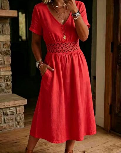 Robe bohème rouge à broderies, manches courtes, taille élastiquée, style féminin élégant