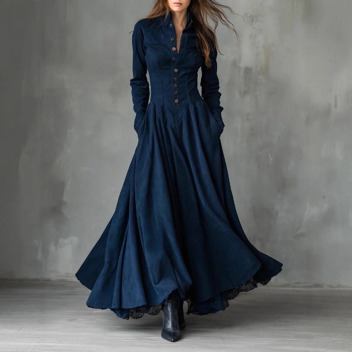 Robe longue bleu marine à boutons, style bohème élégant pour femme